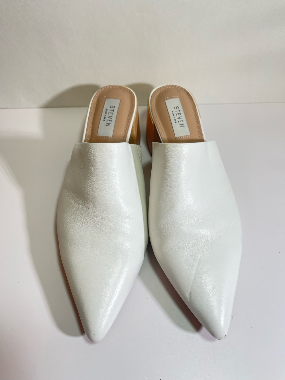 Steven New York Crisp White Pointed Mules Wood Block Heel 8.5